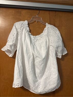 Terra & Sky White Eyelet Ruffle Neck Peasant Top